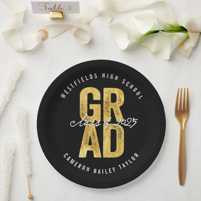 2025 Bold GRAD Gold Foil Stylish Graduation Party Paper Plates (Wedding)