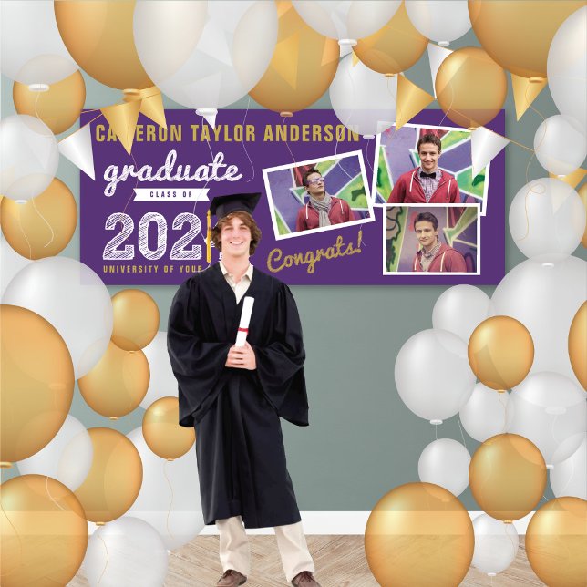2025 Bold Sketch 3 Photo Collage Graduation Party Banner (2024 Purple & Gold Sketch 3 Photo, Modern Graduation Party Banner @ www.zazzle.com/color_therapy)