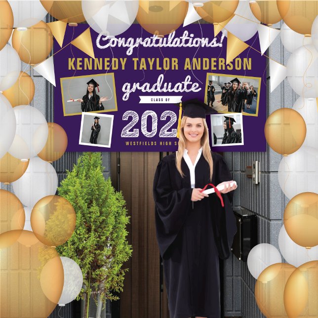 2025 Bold Sketch 4 Photo Congrats Graduation Party Banner (2024 Purple & Gold Sketch 4 Photo Modern Graduation Party Banner @ www.zazzle.com/color_therapy)