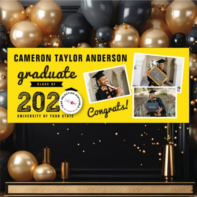 2025 Bold Sketch Three Photo Collage Grad Party Banner (20YY Yellow And Black Sketch, 3 Photo Modern Graduation Party Banner @ www.zazzle.com/color_therapy)