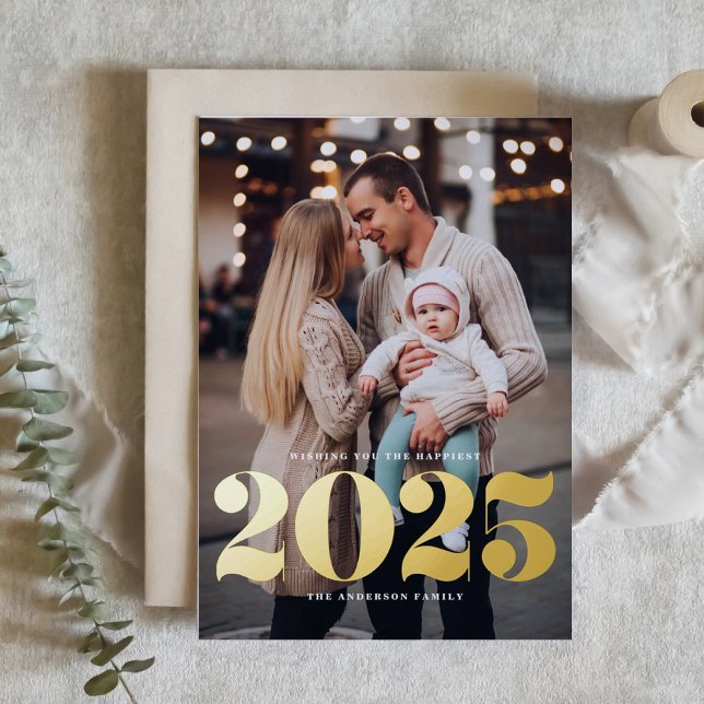 2025 Bold Typography Vertical Photo New Year Foil Holiday Card (Creator Uploaded)