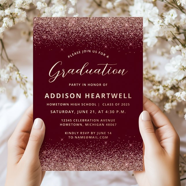 2025 Burgundy Rose Gold Glitter Graduation Party Foil Invitation (Creator Uploaded)