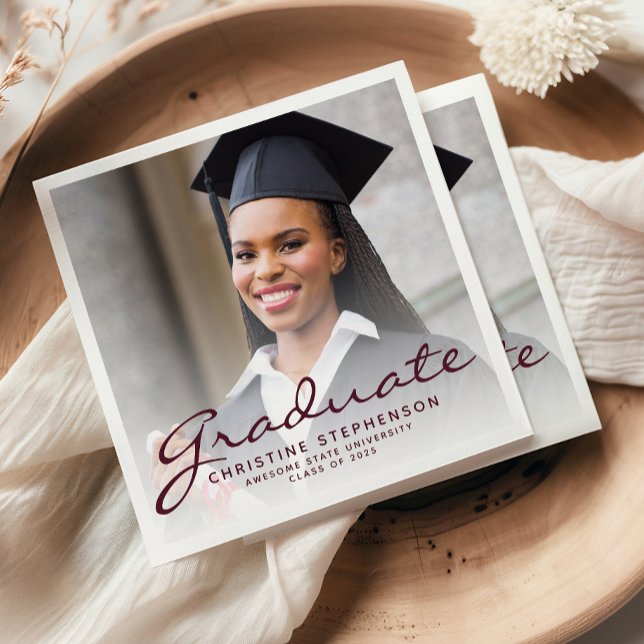 2025 Burgundy Script Photo Graduation Party Napkins (Creator Uploaded)