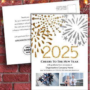 2025 Business Photo Festive Fireworks Gold Glitter Holiday Postcard