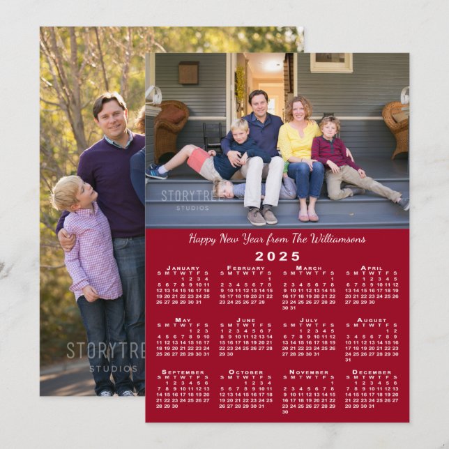 2025 Calendar 2 Custom Photos Red Happy New Year Holiday Card (Front/Back)