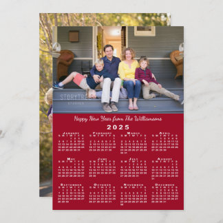 2025 Calendar 2 Custom Photos Red Happy New Year Holiday Card