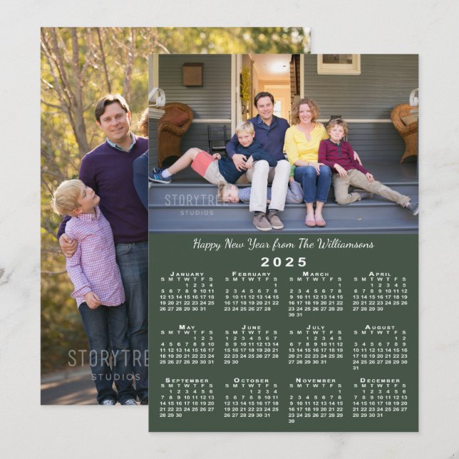 2025 Calendar 2 Photos Dark Green Happy New Year Holiday Card (Front/Back)