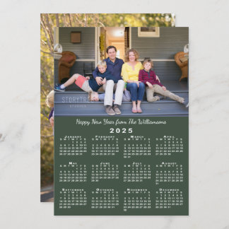 2025 Calendar 2 Photos Dark Green Happy New Year Holiday Card