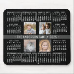 2025 Calendar 4 Custom Photo Name Black White Gray Mouse Pad<br><div class="desc">These simply modern 2025 calendar mousepads include a yearly calendar in bold white. The center includes a dark-gray stripe for your custom text, and an easy template for 4 of your Instagram-style square photos. The "background color" is black. You can customize further to change it (and the gray stripe) to...</div>