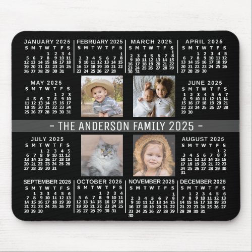 2025 Calendar 4 Custom Photo Name Black White Gray Mouse Pad