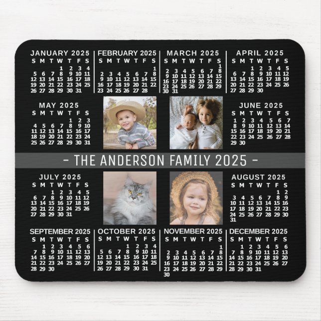 2025 Calendar 4 Custom Photo Name Black White Gray Mouse Pad (Front)