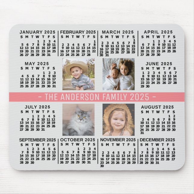 2025 Calendar 4 Custom Photo Name Gray Coral Black Mouse Pad (Front)