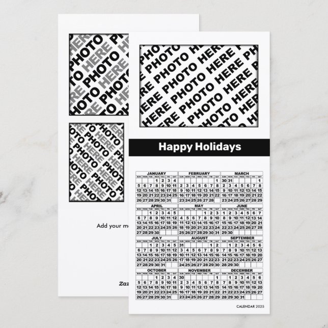 2025 Calendar Add 4 Photos Card Simple Black White (Front/Back)