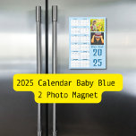 2025 Calendar Baby Blue 2 Photo Magnet<br><div class="desc">Celebrate 2025 with this stylish 2-photo collage calendar fridge magnet! Featuring easy-to-read bold white dates, retro blue typography for "2025" and your personalized text, and a soft baby blue background, this modern design is perfect for displaying family names or custom text. Add two favorite photos of your children along the...</div>