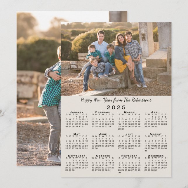 2025 Calendar Beige 2 Custom Photos Happy New Year Holiday Card (Front/Back)