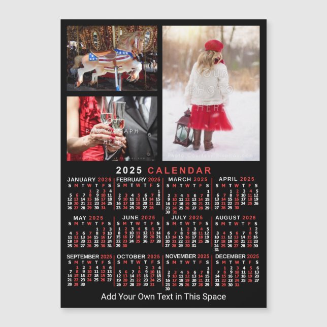 2025 Calendar Black Red Personalized Photo Magnet (Front)