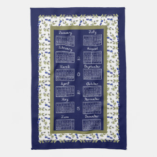 2025 Calendar Blueberries Stem Leaves Navy Tea Kitchen Towel