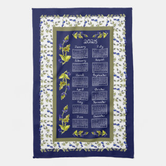 2025 Calendar Blueberries Stemmed Leaves Navy Tea Kitchen Towel