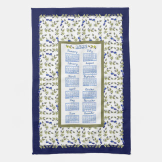 2025 Calendar Blueberry Stem Leaves White Navy Tea Kitchen Towel