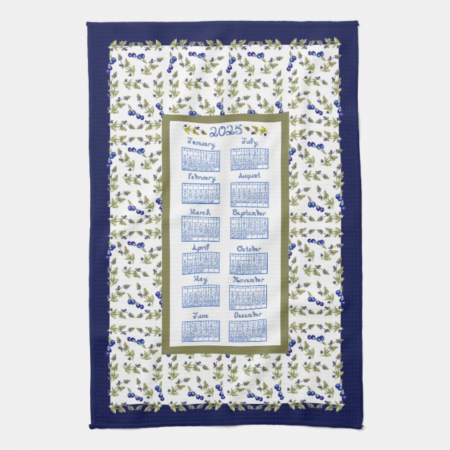 2025 Calendar Blueberry Stem Leaves White Navy Tea Kitchen Towel (Vertical)