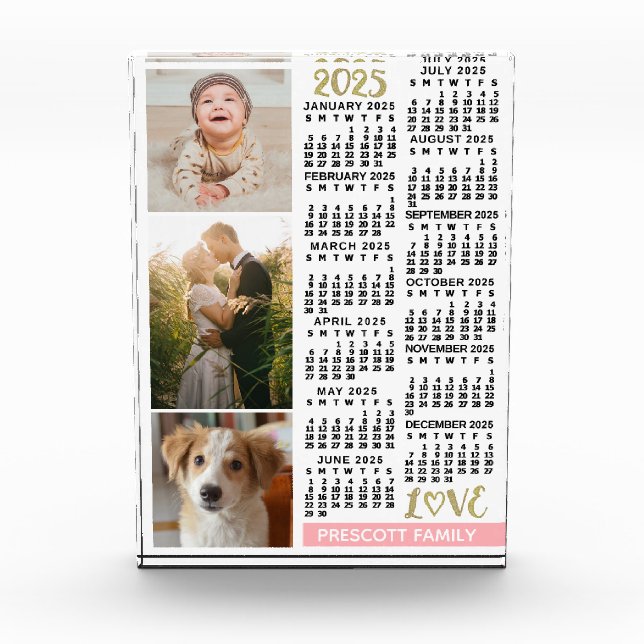 2025 Calendar Blush Pink Gold Family Photo Collage Acrylic Award (Front)