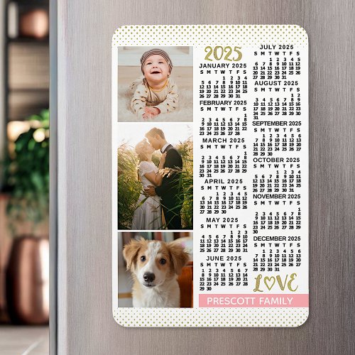 2025 Calendar Blush Pink Gold Family Photo Collage Magnet