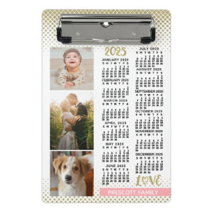 2025 Calendar Blush Pink Gold Family Photo Collage Mini Clipboard