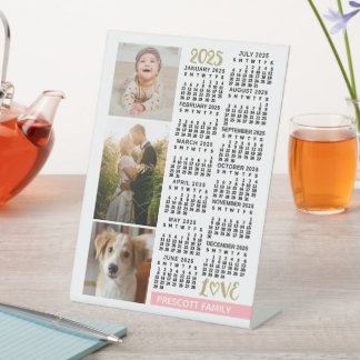 2025 Calendar Blush Pink Gold Family Photo Collage Pedestal Sign