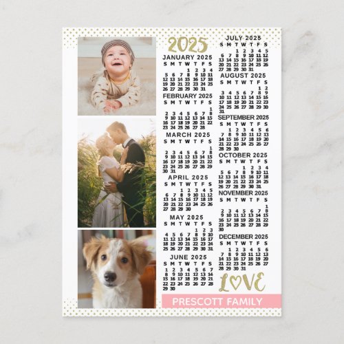 2025 Calendar Blush Pink Gold Family Photo Collage Postcard