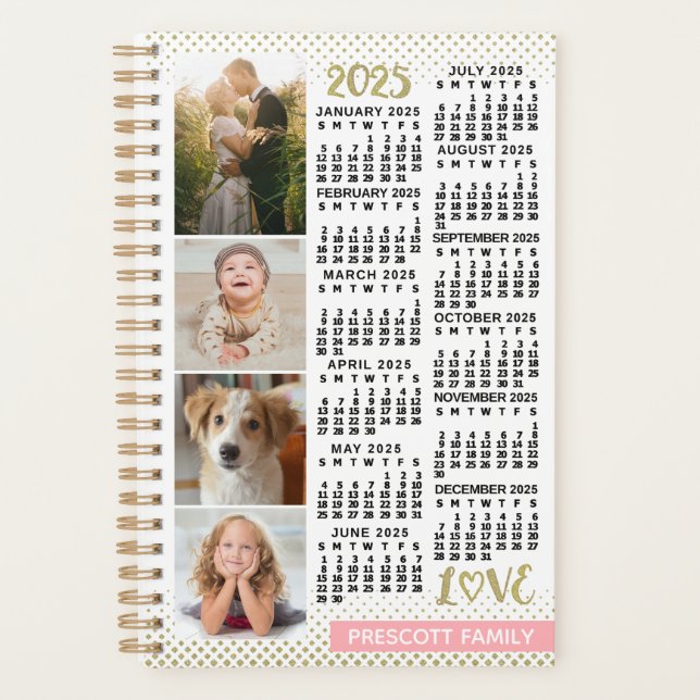 2025 Calendar Blush Pink Gold Photo Collage Small Planner (Front)
