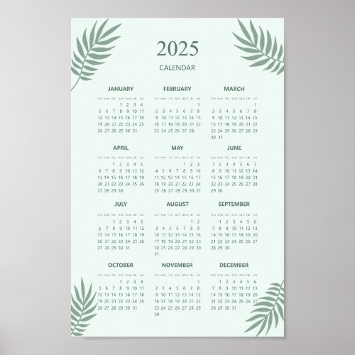 2025 Calendar Boho Floral Aesthetic Mint Green Poster