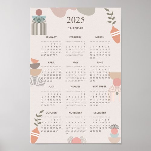 2025 Calendar Boho Mid Century Abstract Minimalist Poster