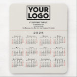 2025 Calendar Business Logo and Text on Beige Mouse Pad<br><div class="desc">Simple professional calendar mouse pad features your logo, company name, and business contact information over a modern 2025 calendar with black weekdays and red weekend dates on a neutral beige background. Add your logo, company name, and custom text (website, phone number, address, or slogan) in the sidebar. Your logo can...</div>