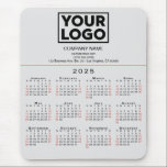 2025 Calendar Business Logo and Text on Grey Mouse Pad<br><div class="desc">Simple professional calendar mouse pad features your logo, company name, and business contact information over a modern 2025 calendar with black weekdays and red weekend dates on a neutral grey background. Add your logo, company name, and custom text (website, phone number, address, or slogan) in the sidebar. Your logo can...</div>