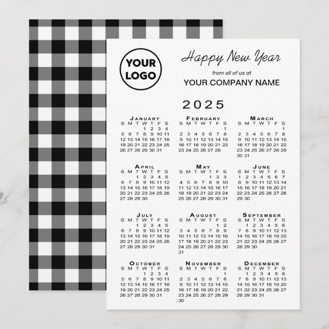 2025 Calendar Business Logo Black White Gingham Holiday Card (Front/Back)