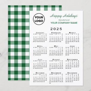 2025 Calendar Business Logo Green White Gingham Holiday Card