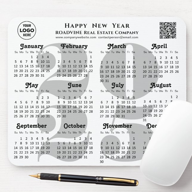 2025 Calendar Business Logo QR code Modern Black Mouse Pad (Creator Uploaded)