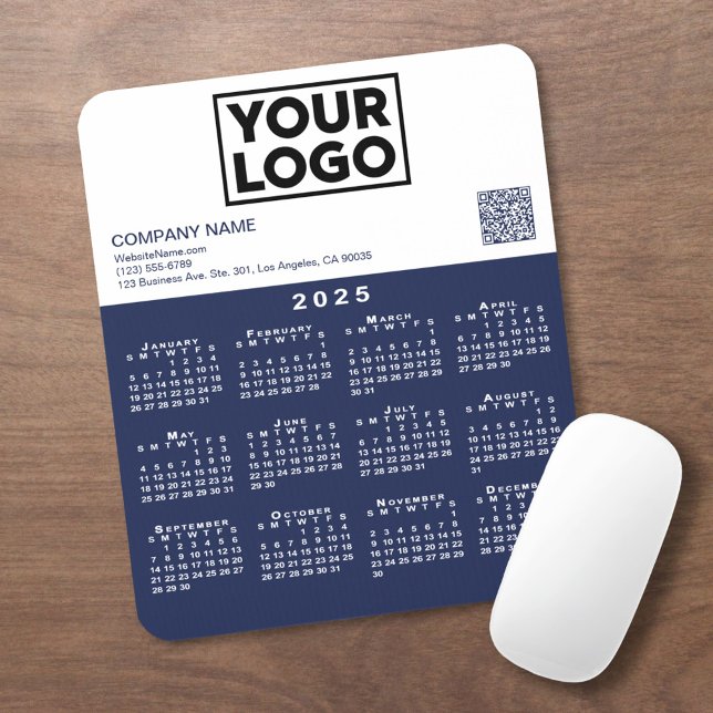 2025 Calendar Business Logo QR Code Navy White Mouse Pad (2025 Calendar Business Logo QR Code Navy White Mouse Pad in situ)