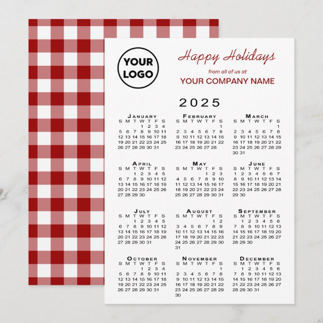 2025 Calendar Business Logo Red White Gingham Holiday Card (Front/Back)