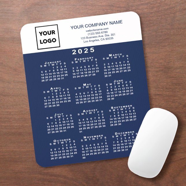 2025 Calendar Business Logo Text Navy Blue White Mouse Pad (2025 Calendar Business Logo Text Navy Blue White Mouse Pad in situ)