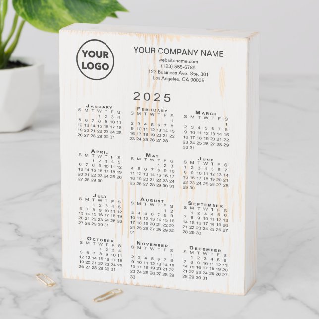 2025 Calendar Business Logo Text on White Wooden Box Sign (In Situ Vertical)