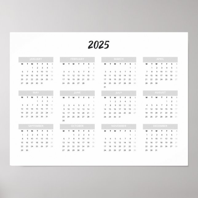 2025 Calendar By Month Home School Office Wall Poster (Front)