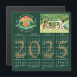 2025 Calendar Camping Family Reunion Dark Green<br><div class="desc">This magnetic 2025 calendar on a dark green background was designed for a camping theme Family Reunion. The template makes it easy to upload a custom photo and customize the text with your family name. The design features a vintage sunset illustration with tents in a pine tree forest near a...</div>