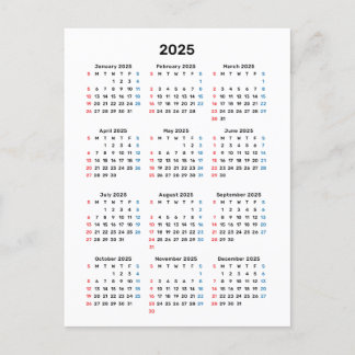 2025 Calendar Card: Sunday Start, Black & White Postcard