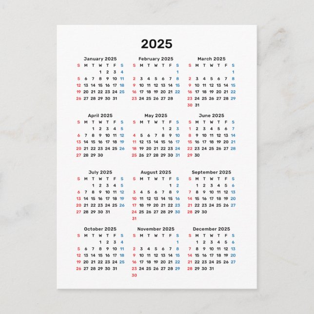2025 Calendar Card: Sunday Start, Black & White  Postcard (Front)