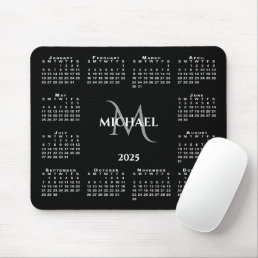 2025 Calendar Chic Monogram Name on Black Mouse Pad