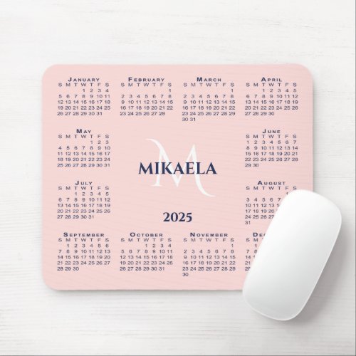 2025 Calendar Chic Monogram Name on Coral Pink Mouse Pad