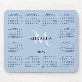 2025 Calendar Chic Monogram Name on Light Blue Mouse Pad | Zazzle