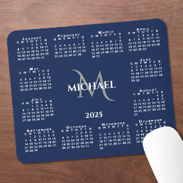 2025 Calendar Chic Monogram Name on Navy Blue Mouse Pad