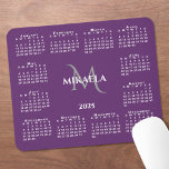 2025 Calendar Chic Monogram Name on Purple Mouse Pad<br><div class="desc">Chic 2025 calendar mouse pad features an elegant custom name and monogram above the year in the middle surrounded by a white calendar on a purple background. Add your name and initial in the sidebar. Makes a great gift!

Copyright ©Claire E. Skinner. All rights reserved.</div>